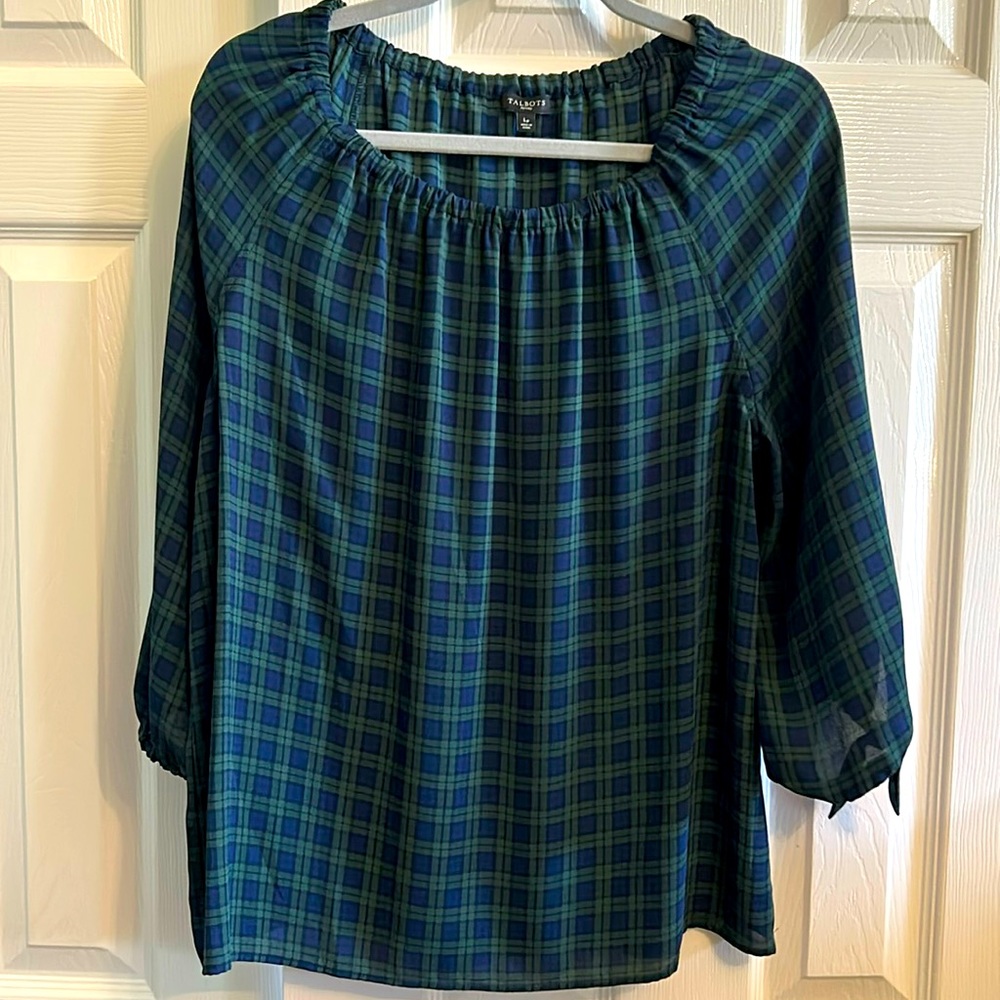 Talbots plaid blouse, three quarter sleeve